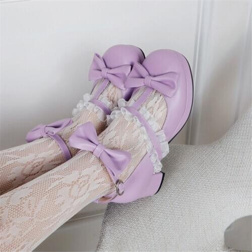 PXELENA Sweet Ruffles Bowknot Girls Lolita Mary Janes Shoes Princess Dress Wedding Party Cosplay Uniform T tied Pumps Women 45