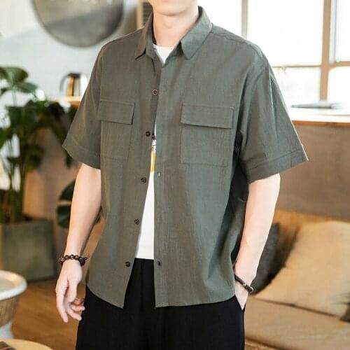 Summer Men Shirts Oversized Button Turn-Down Collar Pockets Retro Style Ins Baggy Casual All-Match Harajuku Chic Camisas 30597