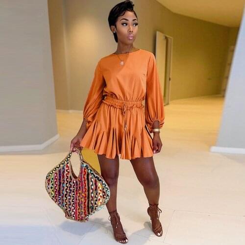 Elastic Waist Drawstring Rompers Womens Jumpsuit Summer Lantern Sleeve Pleated Playsuit Sweet Girl Vacation Holiday Bodysuits