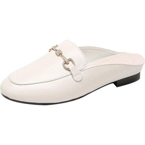 Grain Leather Fluffy Muller Lazy Sandals Shoes Fashion Square Toe Women Slippers Size 35-43