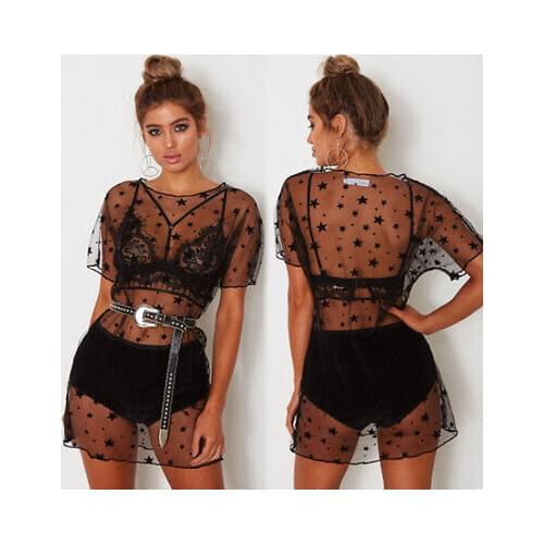 Sexy Women Summer Stars Print Blouses Mesh Sheer Long Chiffon Blouse Shirts Sundress Swimwear Beachwear Bikini Beach Cover Ups