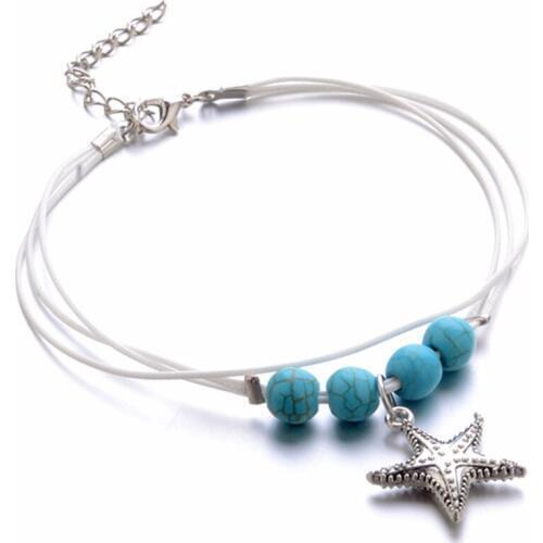 Shellhard Leather Ankle Bracelet Shellhard Starfish Beads Anklet Boho Women Beach Barefoot Fashion Jewelry Bijoux Femme