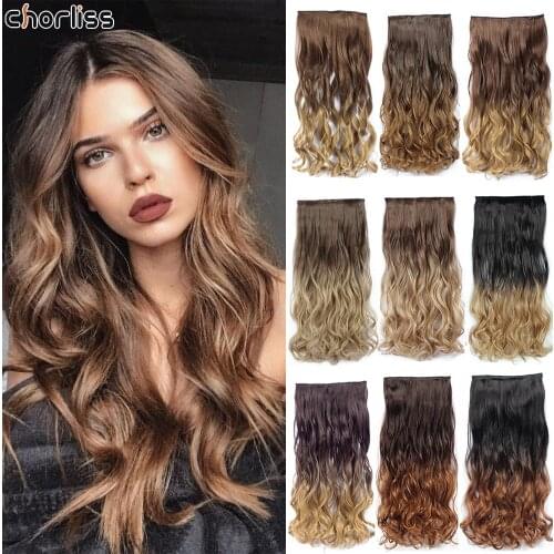 22Inch Long Wavy Ombre Synthetic 5 Clips In One Piece Hair Weave Hairpiece Heat Resistant For Black Women Clip In Hair Extension