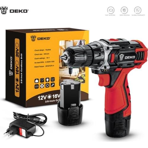 DEKO New Series 12V 16V 20V Cordless Drill Electric Screwdriver Mini Wireless Power Driver DC Lithium-Ion Battery 3/8-Inch