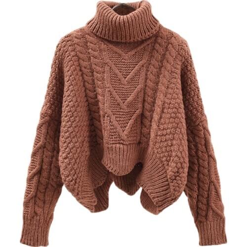 Thickened Sweater Women Autumn Winter Tops Korean Style Loose Twist Knitted Short Design Pullover Turtleneck Black Brown Female