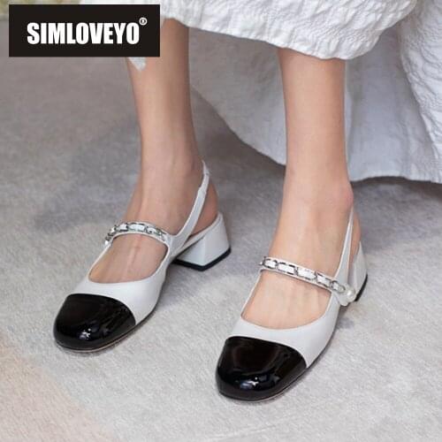 Chain Pearl White Heels Genuine Leather Vintage Mary Shoes Low-heel Big Head Buckle Ballet Shoes Mixed Color Crude Heel Womens
