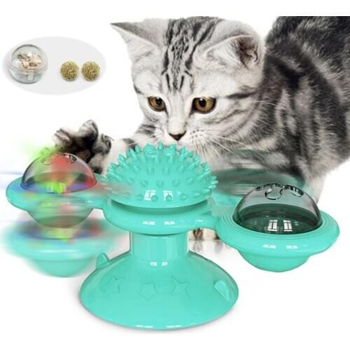 Windmill Cat Toy with Catnip Interactive Turntable Teasing Toys for Cat Scratch Hair Brush Grooming Suction Cup Pet Training Toy