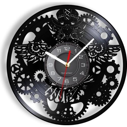 Owl Cogwheel Vintage LP Record Wall Clock Industrial Gears Streampunk Laser Etched Vinyl Timepieces Vinyl Disk Crafts Wall Decor
