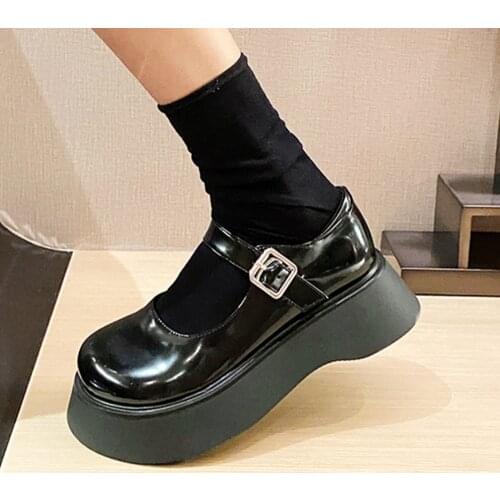 Termainoov Women Pumps Platform Buckle Mary Janes Square Toe Patent Leather Shoes Wedges Fashion New Black White Shoe