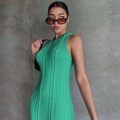 2021 Sleeveless O-Neck Sweater Bodycon Crochet Solid Sexy Dress Summer Women Streetwear Party Club Elegant Clothing Y2K