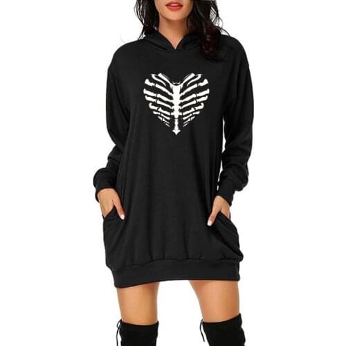 Summer Long Sleeve Streetwear Sweatshirt Dress Skeleton Bones Printing Funny Skull Skeleton Hoodies Women Punk Rock Graphic Tops