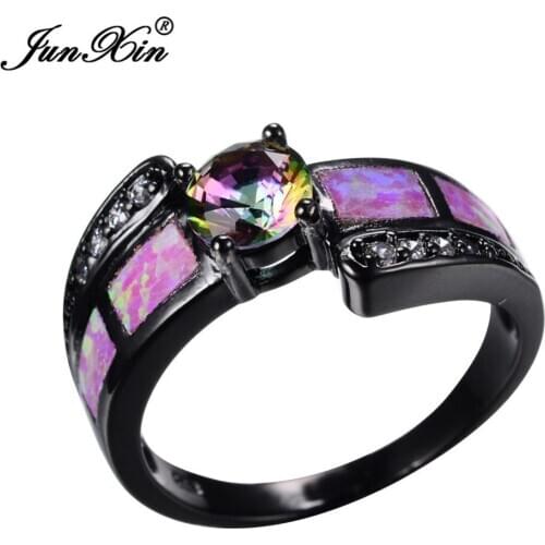 JUNXIN Women Pink Fire Opal Ring With White Rainbow AAA Zircon 14KT Black Gold Filled Vintage Wedding Rings For Women