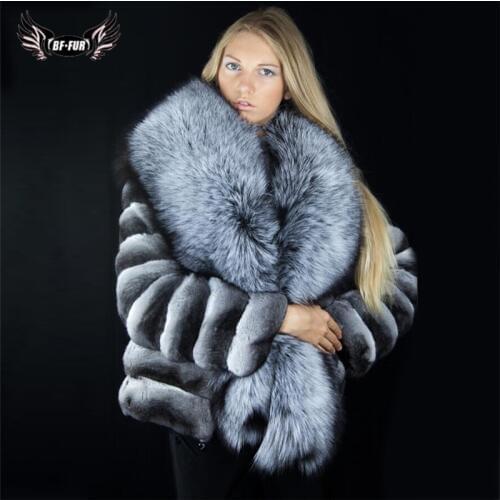 Winter Coat Women Real Chinchilla Rex Rabbit Fur Jacket With Big Silver Fox Fur Collar Natural Pelt Genuine Rex Rabbit Fur Coats
