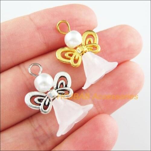 15Pcs Retro Gold Tibetan Silver Tone White Acrylic Angel Charms Pendants 17.5x24mm