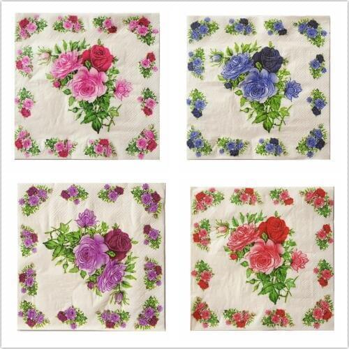 20 Vintage table napkin paper tissue purple blue red pink rose flowers decoupage wedding party serviette home hotel cafe decor