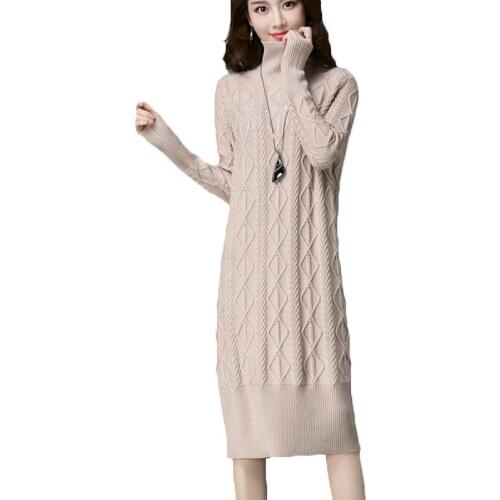 2021 Winter Long Turtleneck Pullovers Sweaters Women Knitted Sweater Dress Winter Long Sleeve Twist Knitwear Female A1196