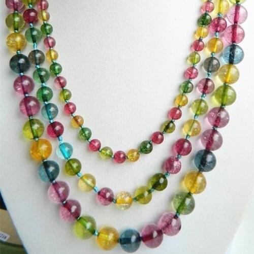6mm 8mm 10mm 3row multicolor simulated tourmaline round beads long chain necklace semi-precious stone jewelry gift 17-19" MY5164