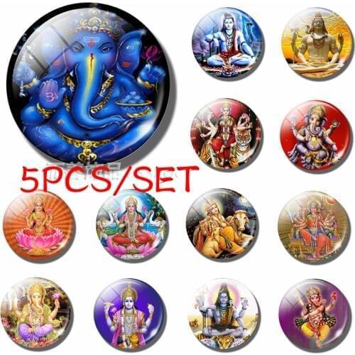 5PCS/SET Charm Lucky Indian Elephant Head God Ganesh 25MM Glass Dome Cabochon Making Pendant Jewelry Necklace Amulet Family Gift