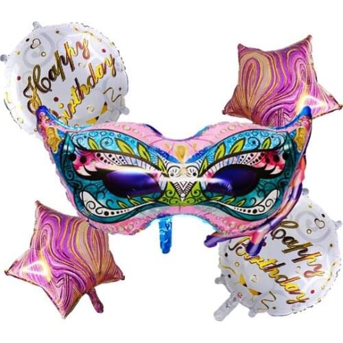 5 Pcs Set Mask Balloons 2 PCS 18 Inch Agate star 2 PCS 18 Inch Birthday Round Balloon Boy Girl Decoration Supplies Foil Balloons