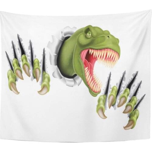 White Wall Tyrannosaurus Rex Dinosaur Scratching Ripping and Tearing Out of The with Its Claws Breaking Tapestry Home Decor Wall