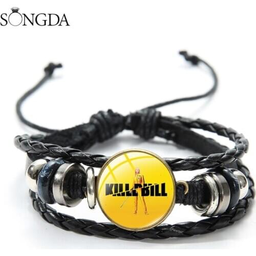 Classic Movie Kill Bill Movie Poster Charm Bracelet for Women Mens Punk Black Leather Bracelets Retro Cuff Jewelry Gifts