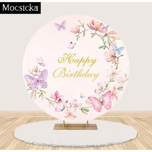 Butterfly Theme Happy Birthday Round Backdrop Party Kids Girl Party Decoration Circular Profession Floral Background Studio
