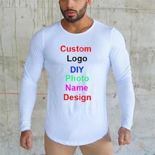 Customize with Your Own Logo Fitness Mens Long Section Cotton Breathable Sports Autumn and Winter Fashion Trend Slim T-shirt