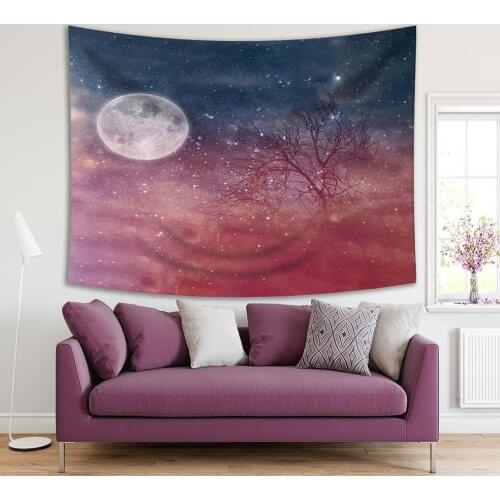 Tapestry Tree with Bare Branches and Night Sky Full Moon Stars Surreal Fantasy Artwork Printed Blue Burgundy White