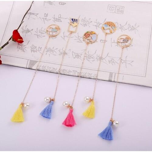 2pc Cute Ancient Rhyme Bookmark Creative Exquisite Metal Bead Tassel Pendant Book Mark Page Folder Marker Office School Supplies