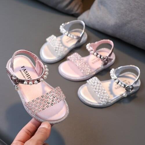 Girls Leather Sandals Fashion Princess Shoes Baby Girls Fashion Childrens Rhinestone Pearl Flat Kids Sandals E932