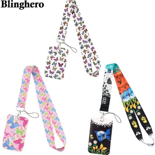 CB829 Beautiful Pink Butterfly Key Lanyards Neck Strap ID Card Cell Phone Strap USB Badge Holder Rope Key Chain Gifts