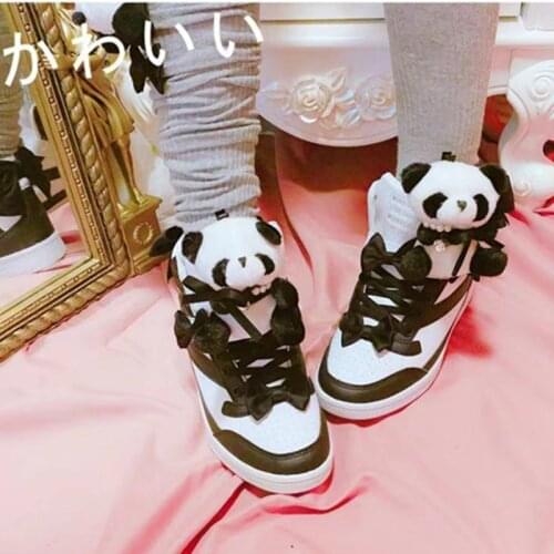 Womens Wedge High Hidden Heels Shoes Panda Decor Bowknot Casual Lace Up Sneakers Lolita Sweet Black White Sweet Girls