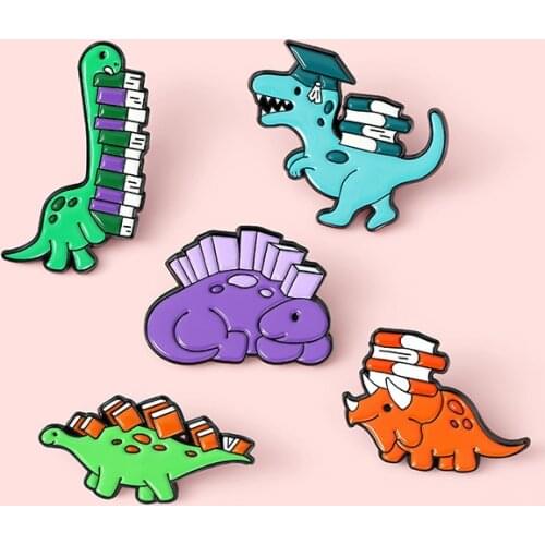 Cute Cartoon Dinosaur Book Badge Fashion Creative Tyrannosaurus Rex Stegosaurus Metal Enamel Brooch Lapel Backpack Jewelry Gift