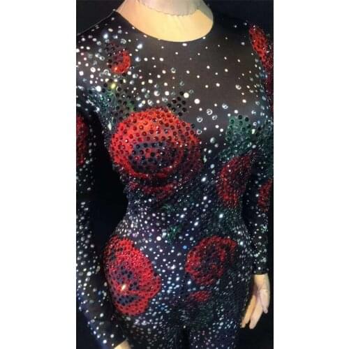 New Sexy full Rhinestones Mesh Jumpsuit Long Sleeve Stretch rose Singer Costume Womens Dance Birthday Outfit woman freeshipping