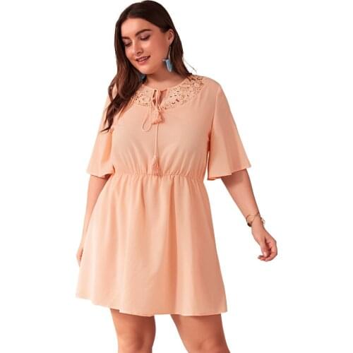 DOIB Plus Size Solid Dresse Short Sleeve Round O Neck Lace Patchwork Elastic Waist Dress XL 2XL 3XL 4XL