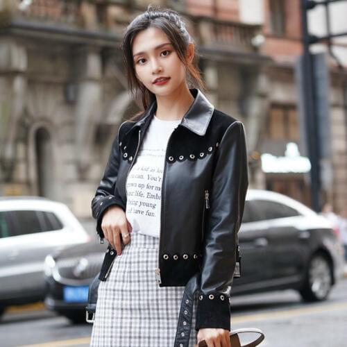 Real 100% Cow Coat Female Genuine Leather Jacket + Belt Short Slim Rivets Jackets Women Clothes Outerwear Jaqueta 91081 s