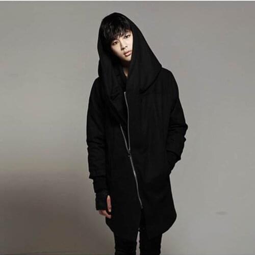 Spring new wave mens long section diagonal zipper hooded gloves woolen coat mens large size big hat coat