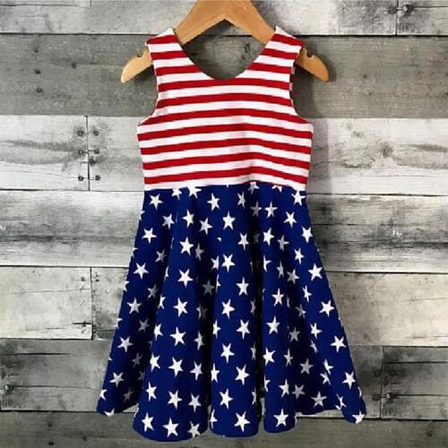 Kaiya Angel 4th Of Toddler Girl Elegant Dresses Red and White Striped Blue Star Cotton Baby Girl Summer Party Wedding Clothes