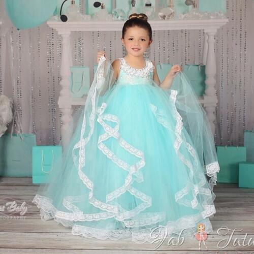 Blue White Ankle Length Party LaceTulle Cute andFantastic Sleeveless Solid Flower Girl Dresses for Weddings Mesh Ball Gown 2016