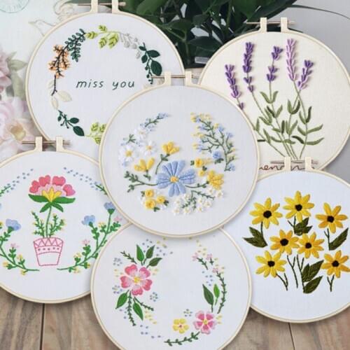 Hand Crafts Embroidery DIY Material Package Plant Floral Pattern Embroidery Stretch Thread Needle Kit For Beginners