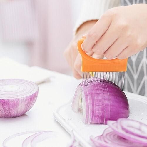 Stainless Steel Onion Needle Onion Fork Vegetables Fruit Slicer Tomato Cutter Cutting Safe Aid Holder Kitchen Accessories Tools