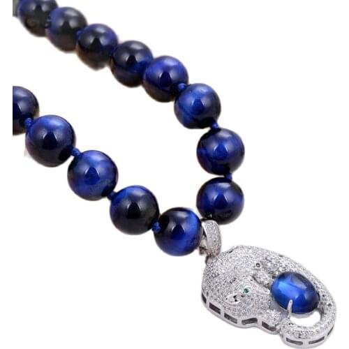 GG Jewelry 18" Round Natural Blue Tiger Eye Rosary Choker Necklace CZ Pendant For Women