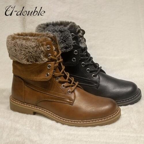 U-DOUBLE Pu Leather Ankle Boots Women Flat platform Short Boots Ladies shoes fashion Autumn winter Motorcycle boots Size 36-41