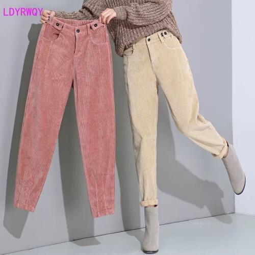 2019 autumn and winter new Korean womens fashion solid color loose corduroy high waist casual wild Harem pants