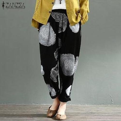 ZANZEA Casual Linen Pants 2021 Womens Trousers Vintage Polka Dot Pantalon Female Elastic Waist Printed Turnip Pants Plus Size
