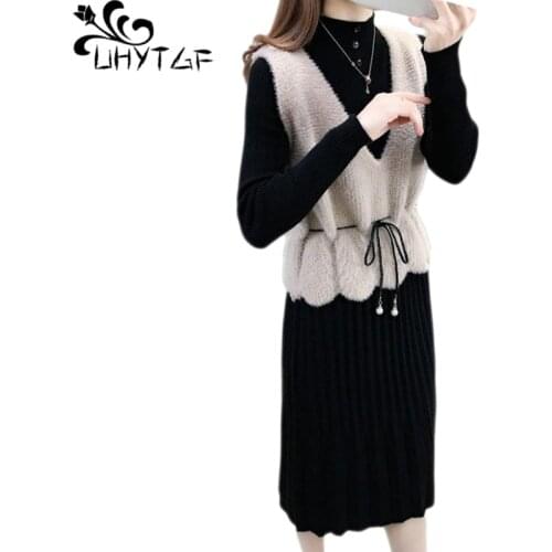 UHYTGF Mink Fleece Sweater Vests Autumn Winter Sets Women Long-Sleeved Knitted Dress+Waistcoat Casual Female Two-Piece Suit 1526