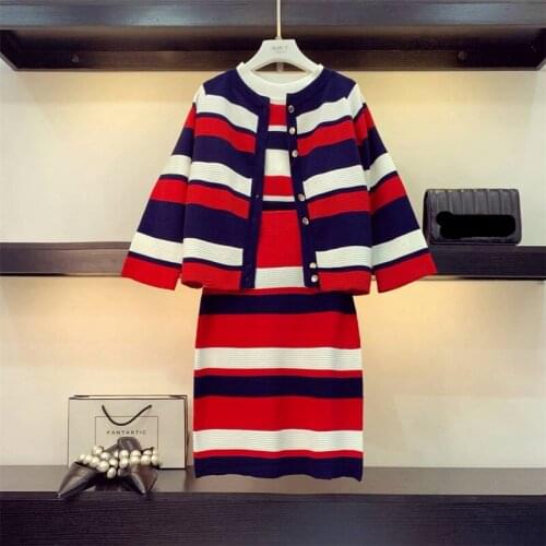 New Autumn Striped Knitted 3 Pieces Set Womens Single-Breasted Sweater Coat + Short Sleeve Pullover Top + Pencil Skirt Suits