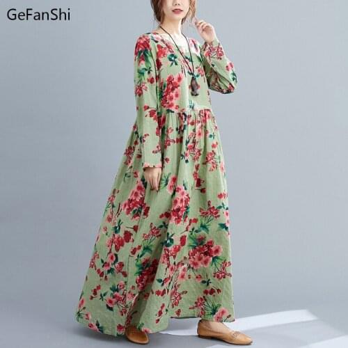2021 New Spring Autumn Women Dress Loose Vintage Casual Print Cotton Long Sleeve O-Neck Dress Fashion Loose Elegant Dresses Robe