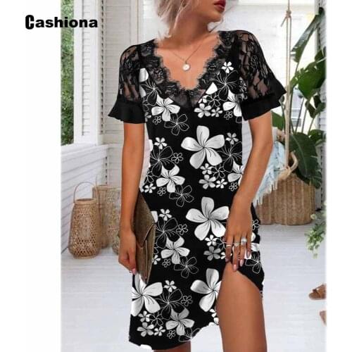 Bohemian 2021 Summer Knee-Length Dress Flower Print Skirt Dresses Plus size Women Short Sleeve Robe Vestidos Femme V-neck Dress