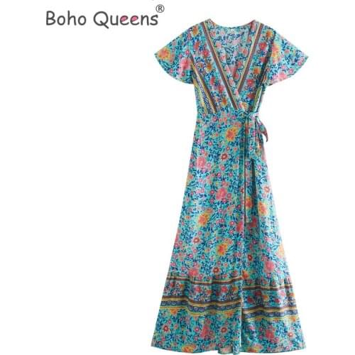 Boho Queens Women green Floral print bat sleeve beach long Bohemian maxi dress Ladies cross V neck sashes Boho dress